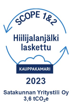 Hiilijalanjälki laskettu merkki_Satakunnan Yritystili Oy Satakunnan Yritystili Oy:lle Keskuskauppakamarin myöntämä Hiilijalanjälki laskettu -merkki | Osoitus ilmastotyön aloittamisesta kansainvälisen GHG-protokollan avulla.